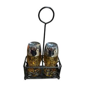 Vintage Anchor Hocking Georgian Amber Glass Salt & Pepper Shakers w/ Caddy